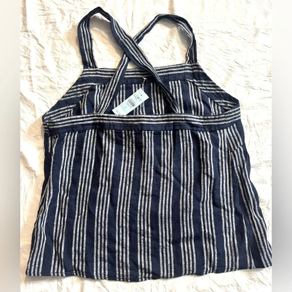 LOFT Striped Navy and White Women's Tank Top w Button Straps Size 0 Petite NWT - Picture 9 of 13